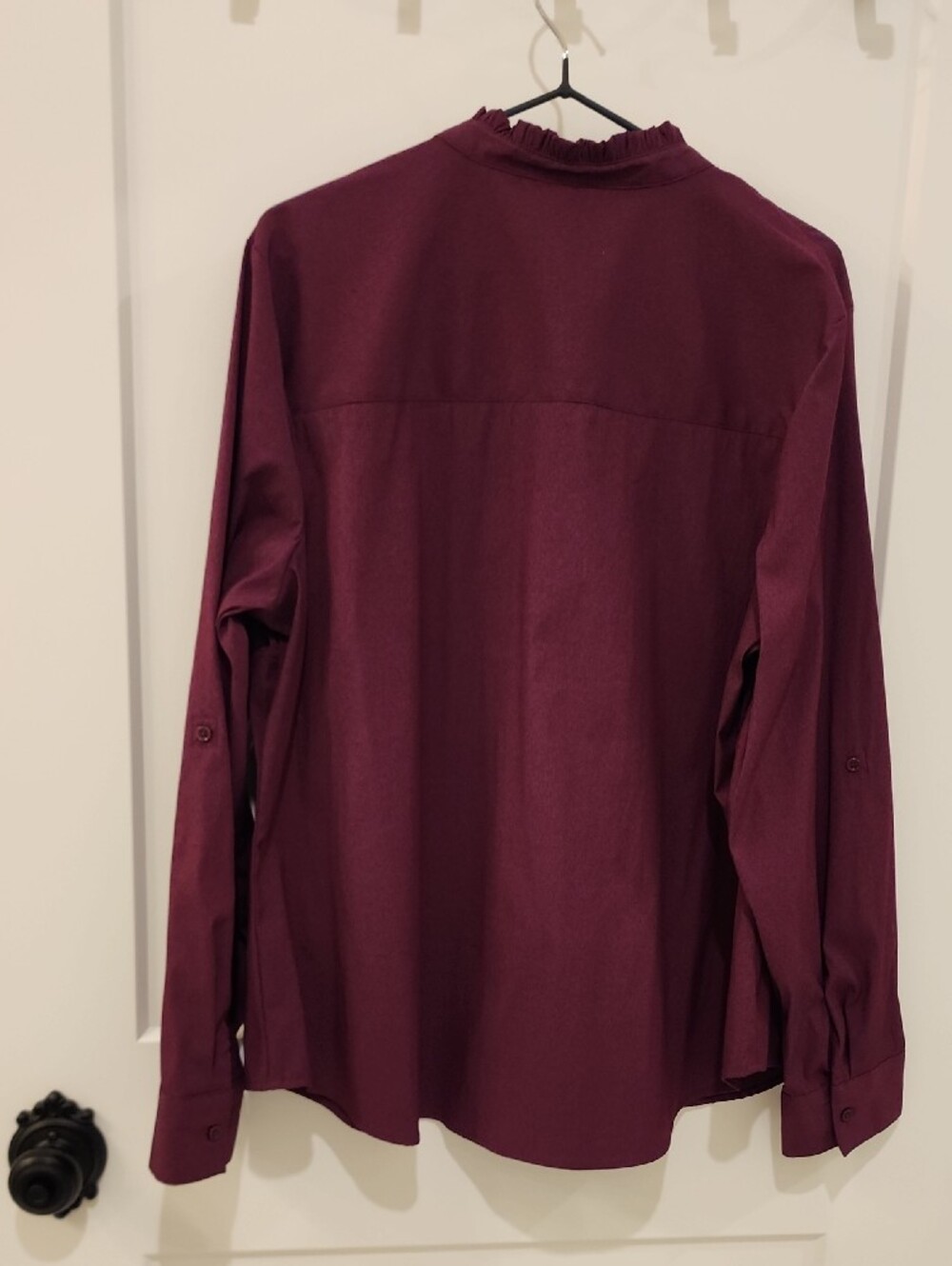 Elle Wine Button-Front Ruffle Neck Blouse - Picture 5 of 6
